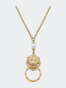 Deanna Lion Head Door Knocker Pendant & Pearl Necklace - Worn Gold