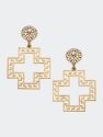 Emilia Greek Keys Cross And Pearl Studded Statement Earrings - Worn Gold