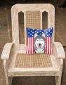 14 in x 14 in Outdoor Throw PillowAmerican Flag and Alaskan Malamute Fabric Decorative Pillow
