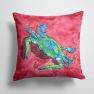 14 in x 14 in Outdoor Throw PillowBlue Crab on Red Fabric Decorative Pillow