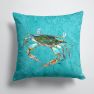 14 in x 14 in Outdoor Throw PillowBlue Crab on Teal Fabric Decorative Pillow