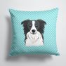 14 in x 14 in Outdoor Throw PillowCheckerboard Blue Border Collie Fabric Decorative Pillow