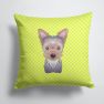 14 in x 14 in Outdoor Throw PillowCheckerboard Lime Green Yorkie Puppy Fabric Decorative Pillow