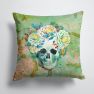 14 in x 14 in Outdoor Throw PillowDay of the Dead Skull with Flowers Fabric Decorative Pillow - Brown