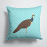 14 in x 14 in Outdoor Throw PillowIndian Peahen Peafowl Blue Check Fabric Decorative Pillow