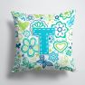 14 in x 14 in Outdoor Throw PillowLetter T Flowers and Butterflies Teal Blue Fabric Decorative Pillow