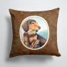 14 in x 14 in Outdoor Throw PillowLong Hair Chocolate and Cream Dachshund Fabric Decorative Pillow