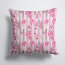 14 in x 14 in Outdoor Throw PillowWatercolor Pink Flowers Grey Stripes Fabric Decorative Pillow