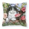 Black and White Cat in Poppies Fabric Decorative Pillow