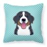 Checkerboard Blue Bernese Mountain Dog Fabric Decorative Pillow