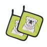 Checkerboard Lime Green White English Bulldog  Pair of Pot Holders