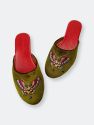 Embroidered Butterfly in Olive Velvet Mules Slippers - Olive