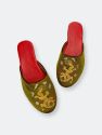 Embroidered Dragon in Olive Velvet Mules Slippers - Olive