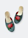 Embroidered Peony in Teal Velvet Mules Slippers