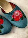 Embroidered Peony in Teal Velvet Mules Slippers