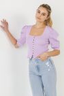 Puff Short Sleeve Button Front Sweater Top - Lilac