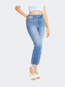 High Rise Slim Straight Jeans With Uneven Frayed Hem - Medium