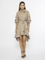 High-Low Shirtwaist Dress With Pinched Detail Sleeves - Beige