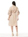 Long Button Down Belted Dress W/Ruched Puff Sleeve