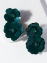 EMERALD DOUBLE FLOWER POST EARRINGS - Green