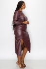 Faux Leather Ruched Sleeves Midi Dress