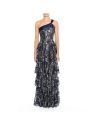 One Shoulder Embroidered Tiered Gown - Navy