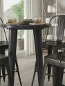 Eleanore 5 Piece Outdoor Dining Set in Antique Black with 24" Round Table and 4 Slatted Back Bar Stools with Footrests