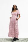 Beatrice Maxi Dress with Sweetheart Neckline - Pink (Ruby Red on Milk Cotton) Floral