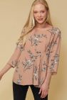 Women's 3/4 Floral Printed Sleeve Pleated Blouse Top