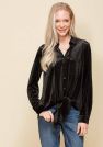Women's Button Down Velvet Shirt Blouse With Tie Hem - Black