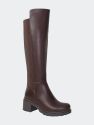 Women's Boots Knee High Chunky Heels Elastics Side Zipper Closure - Brown PU - Brown PU