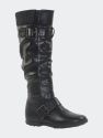 Women's Boots Ruched Knit Cuff Double Straps Buckles - Black PU - Black PU