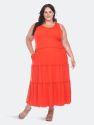 Plus Size Scoop Neck Tiered Midi Dress - Red